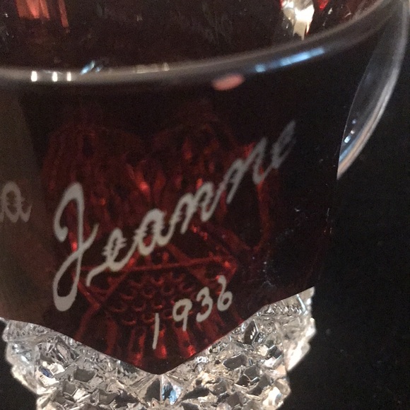 Vintage flash glass fair souvenir 1936 creamer and handled glass ruby red pair - Picture 7 of 16